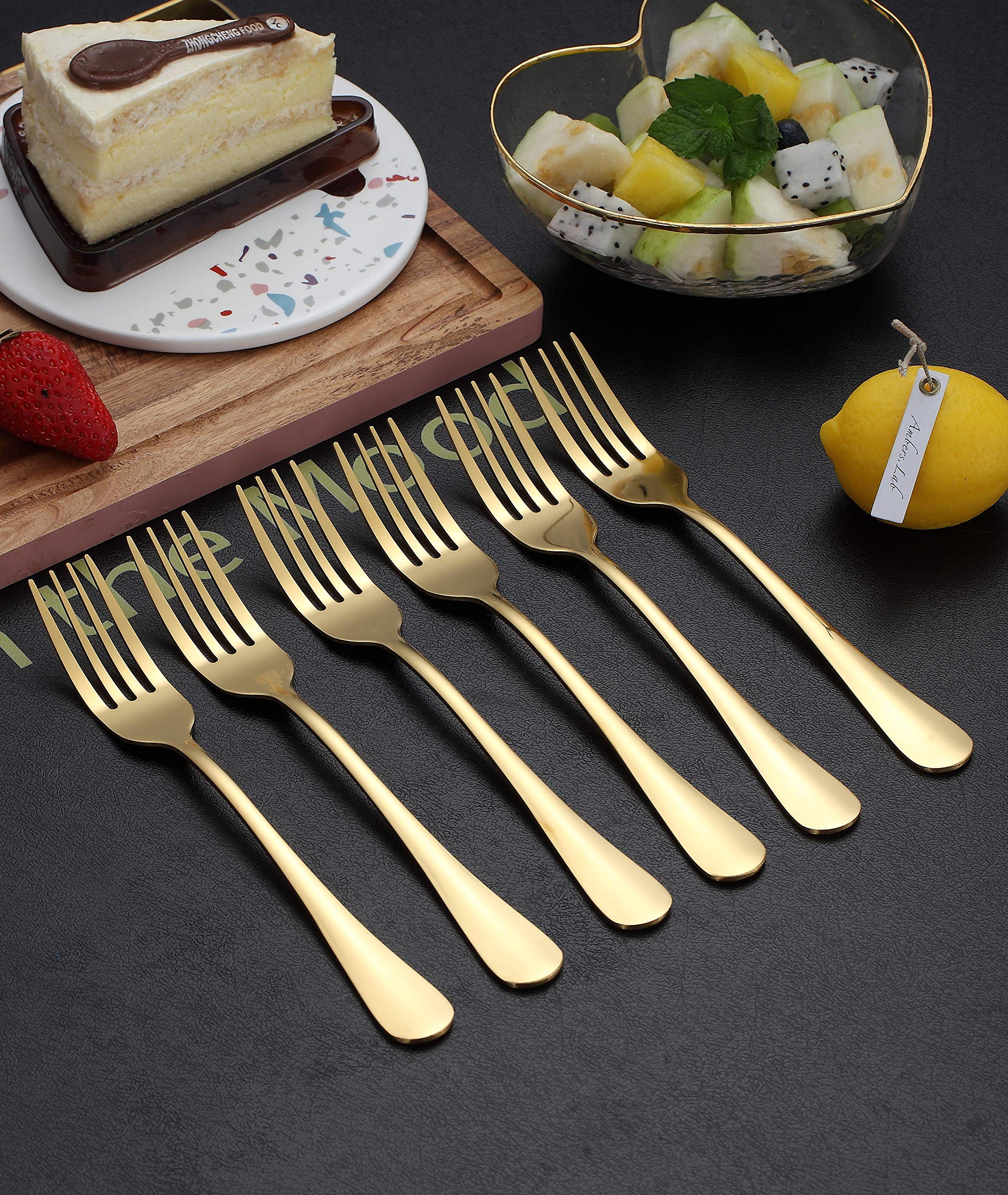 Kyraton Gold Dinner Fork 6 Pieces, Stainless Steel 8.17 Inch Forks Gold Titanium Plating Wedding Silverware, Gold Forks Set Of 6